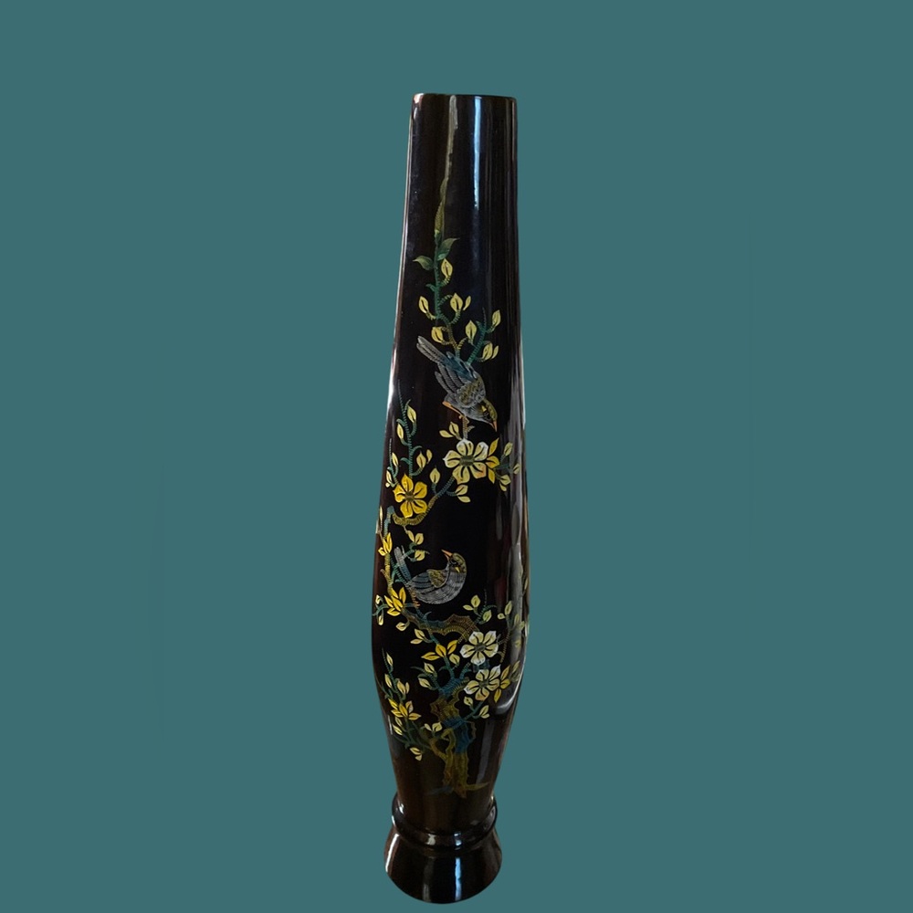 MCM Vietnamese Black Lacquer Vase with Flowers & Birds